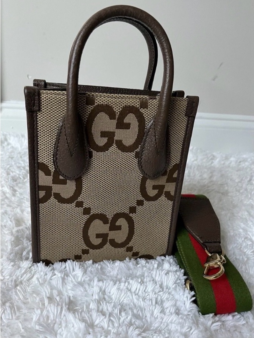 Gucci Brown GG Canvas Mini Tote with Green and Red Strap